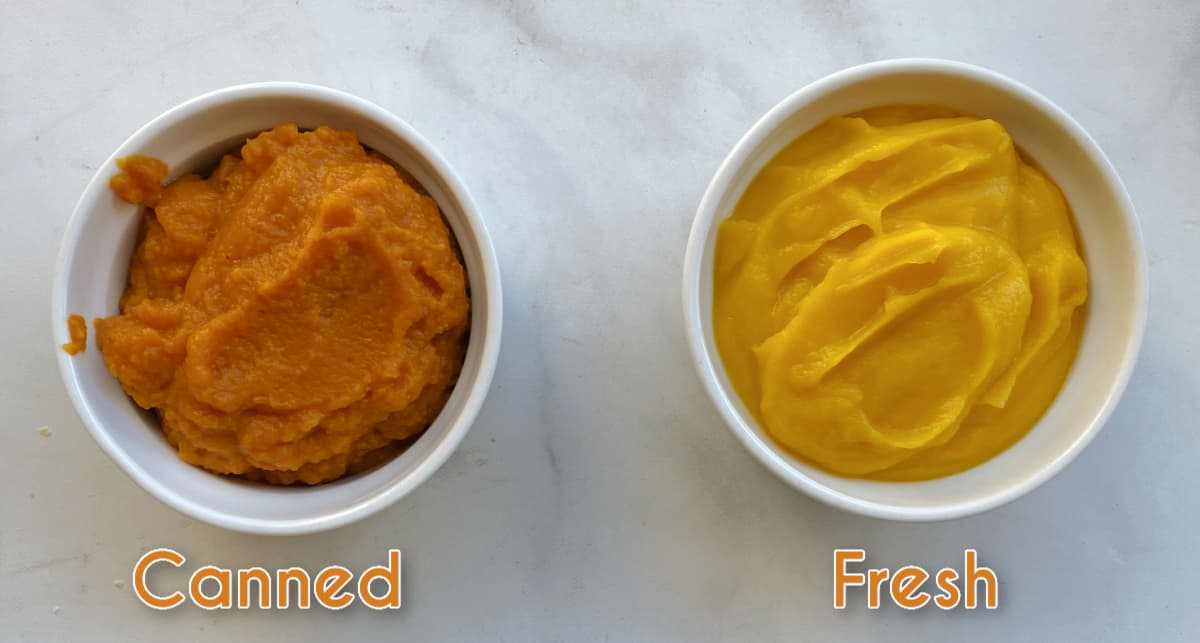 Side by side comparison of fresh versus canned pumpkin puree.