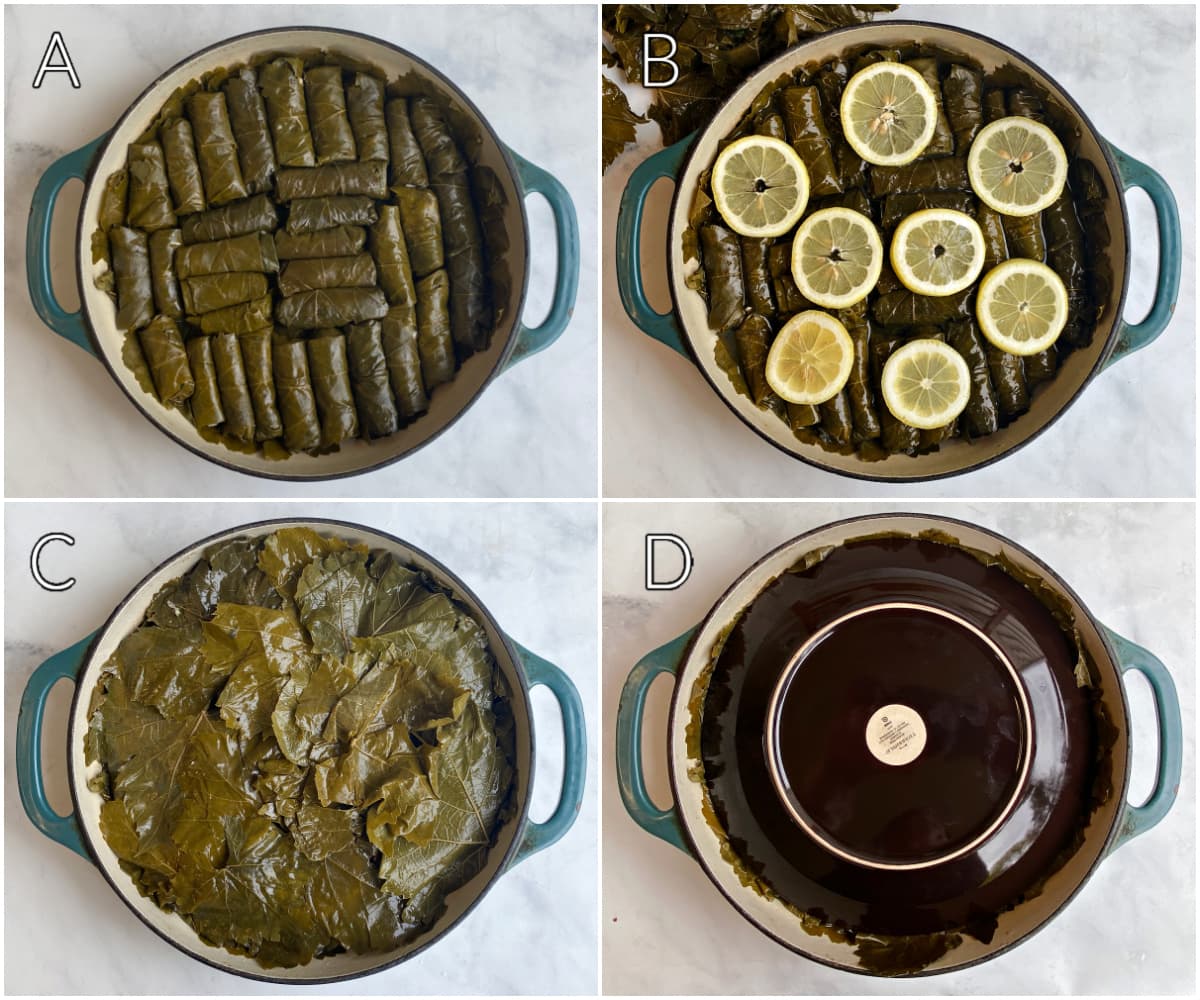 4-panel collage: A - Rolled grape leaves ready for cooking. B - Covered with lemon slices C - Covered with more grape leaves D - Covered with inverted plate.