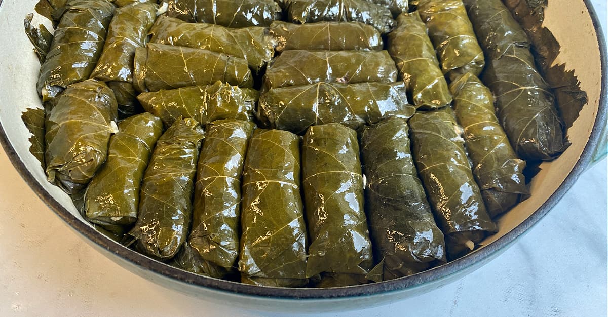 Cooked stuffed grape leaves in a skillet with olive oil on top.