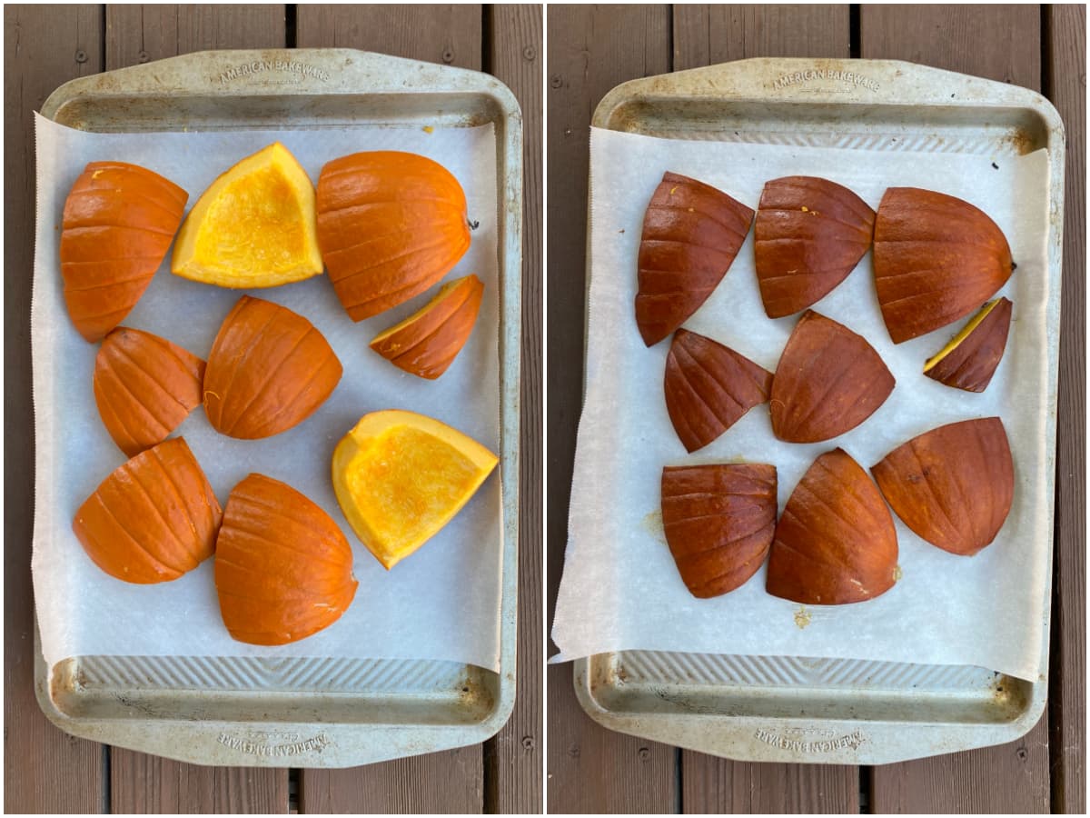 2-panel collage: 1 - Raw pumpkin on parchment, 2 - roasted pumpkin