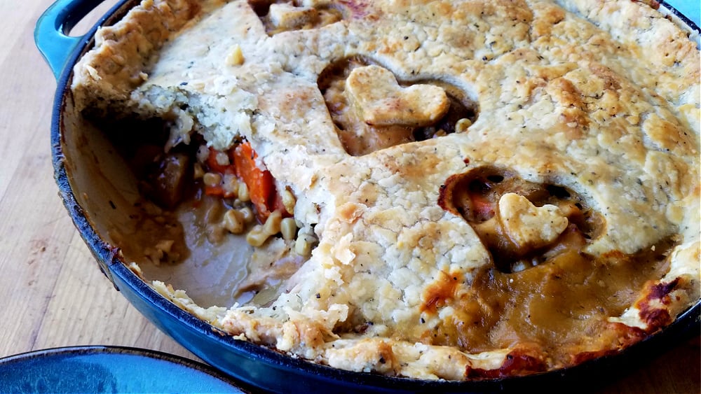 baked chicken pot pie with herb pastry crust.