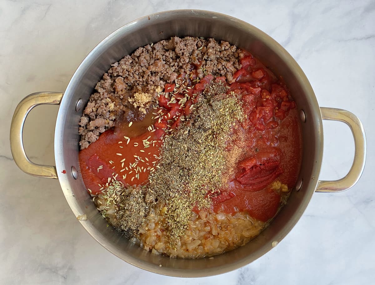 Spaghetti Sauce ingredeints in pot, ready to simmer. 