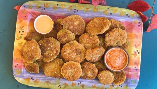 fried green tomatoes on a colorful platter