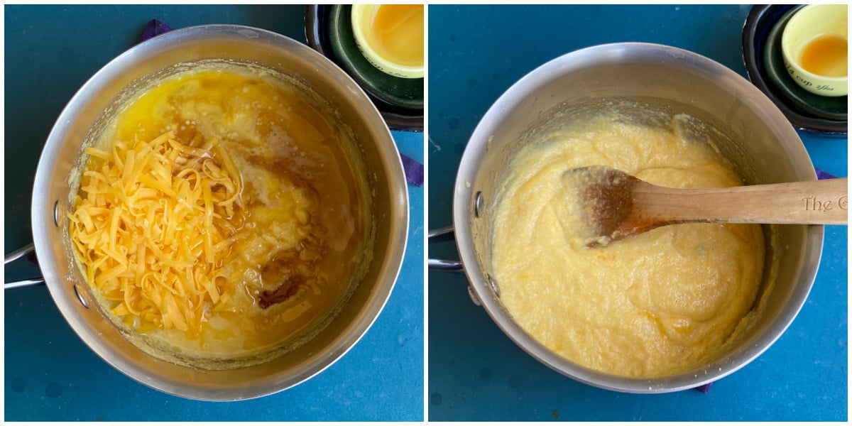 Collage: Cheese, maple syrup, and melted butter added to cornmeal mixture in saucepan; unstirred and stirred. 