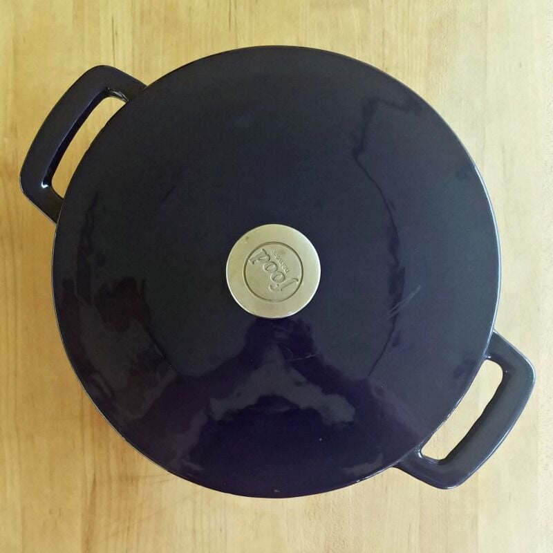 Overhead view of Dutch oven with lid on. 