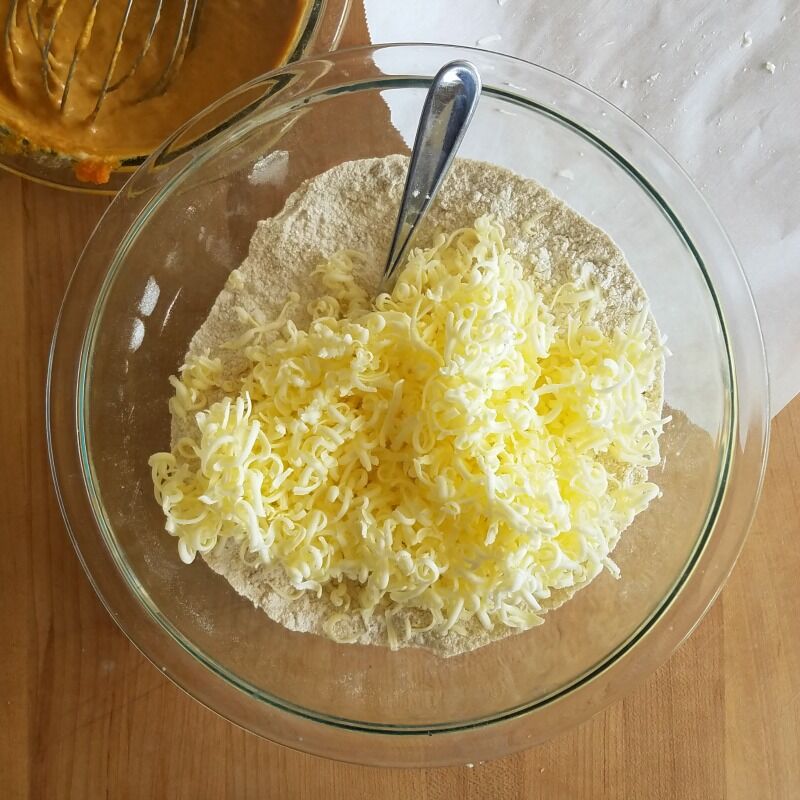 Shredded Butter in a glass mixing bowl