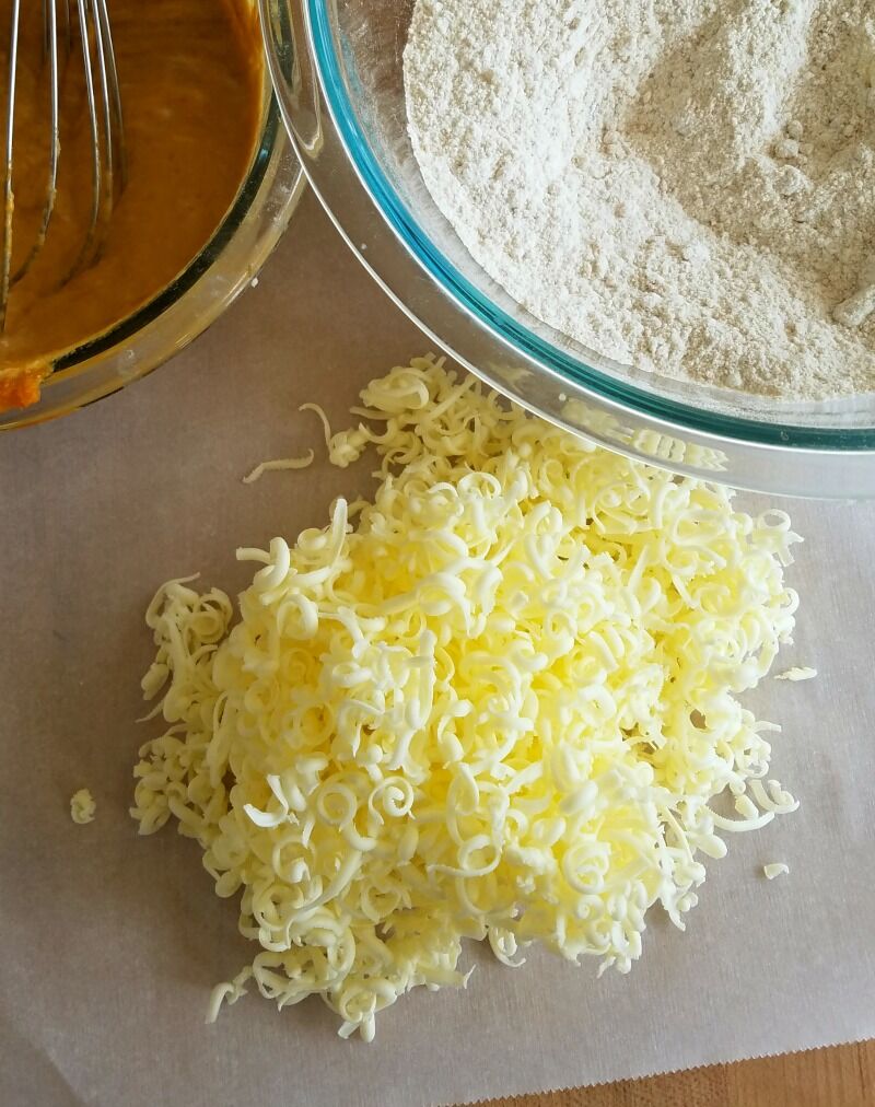 Shredded Butter on parchment, with other bowls.