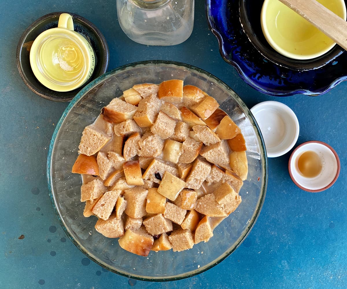 Bread cubes and custard mixture after soaking.