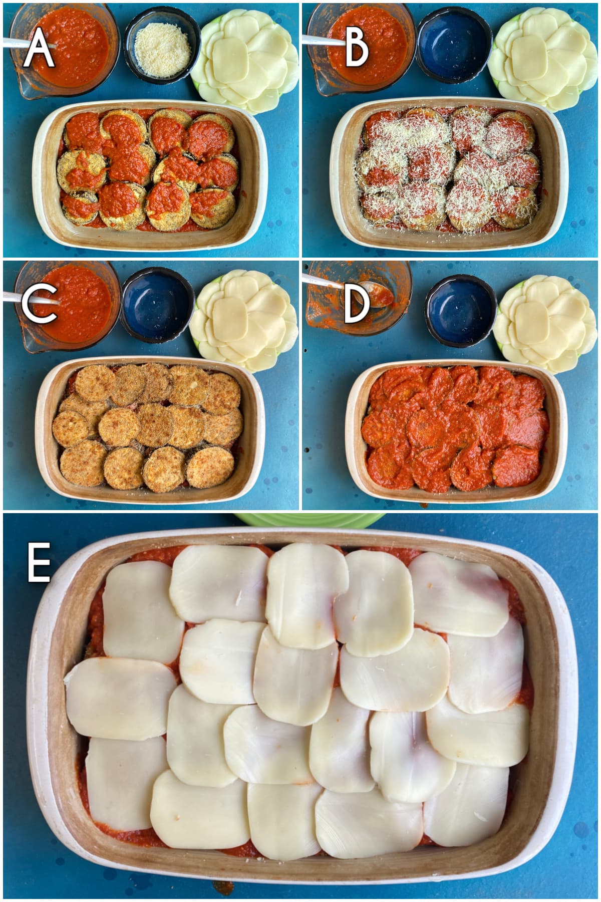 5-panel collage depicting overhead shots of layering of eggplant parmesan, as described in recipe instructions.