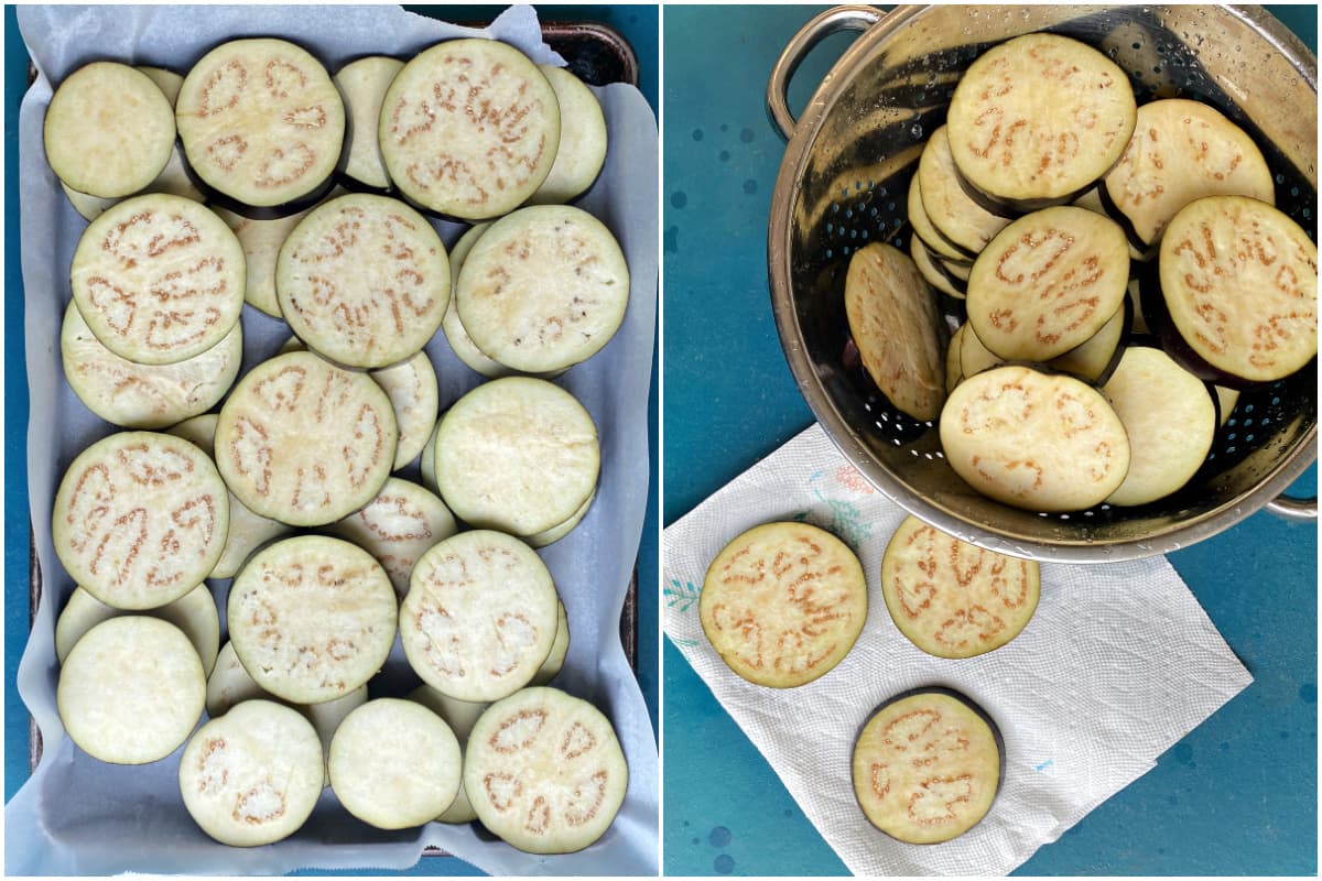 2-panel collage: sliced eggplant on a parchment-covered baking tray, and sliced eggplant drained in colander and three slices on a single paper towel.