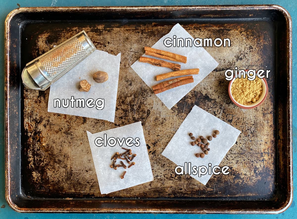 Pumpkin spice ingredients, labeled: nutmeg, cinnamon, ginger, allspice, cloves.