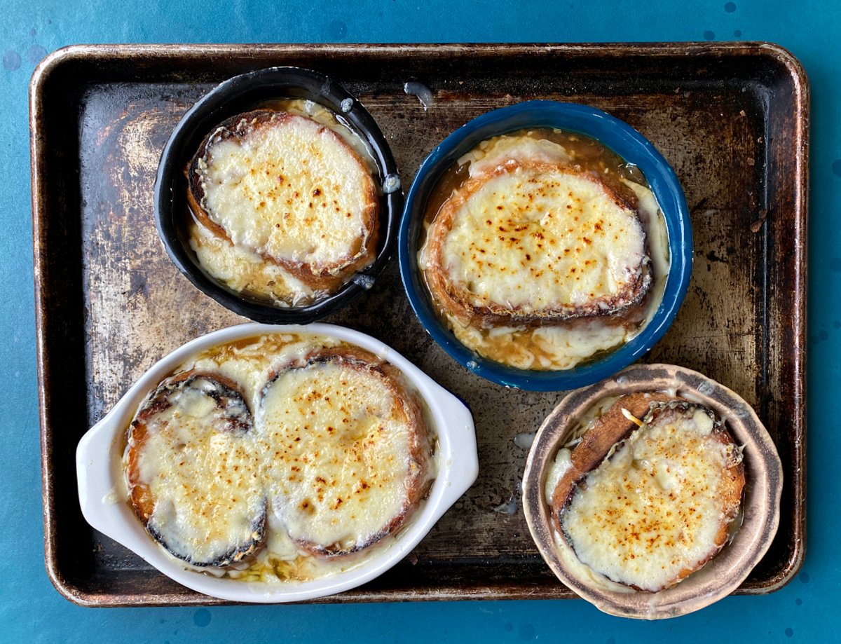 Broiled cheese on top of French Onion Soup.