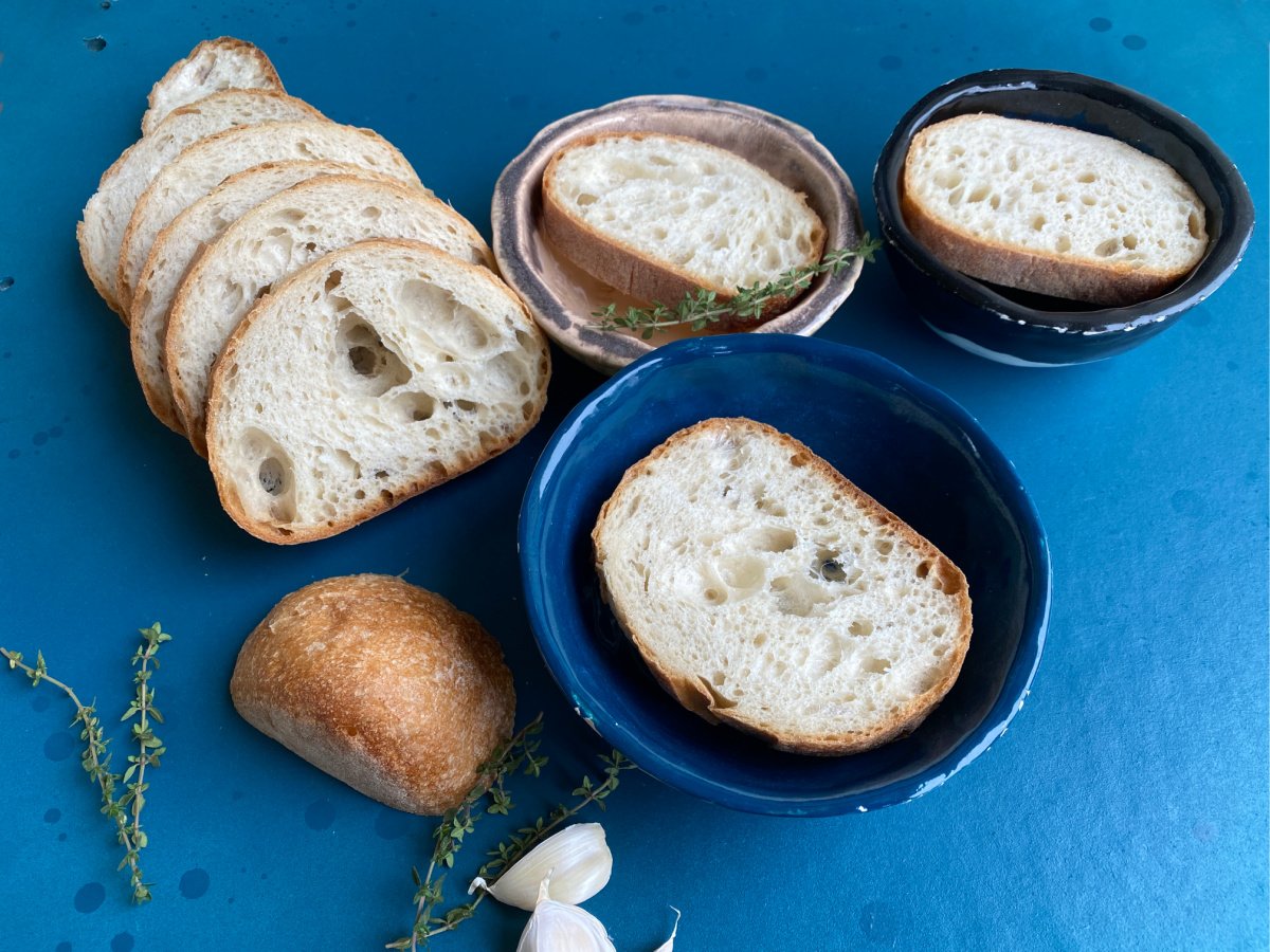 Sliced french bread batard sliced.