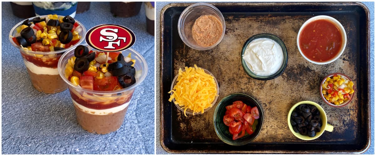 2-panel collage: San Francisco 49ers 7-Layer Dip; dip ingredients on tray before assembly.
