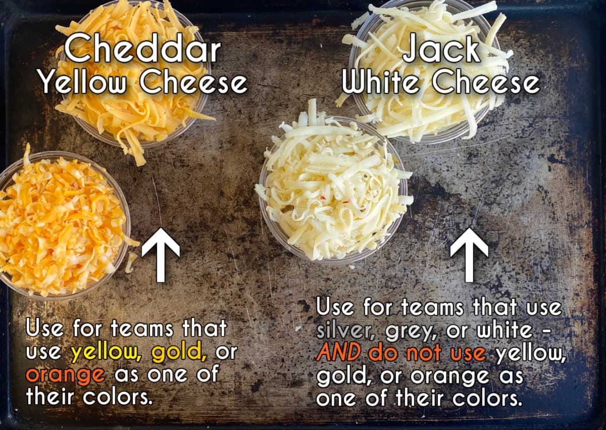 Cheese on a tray, with text overlay.