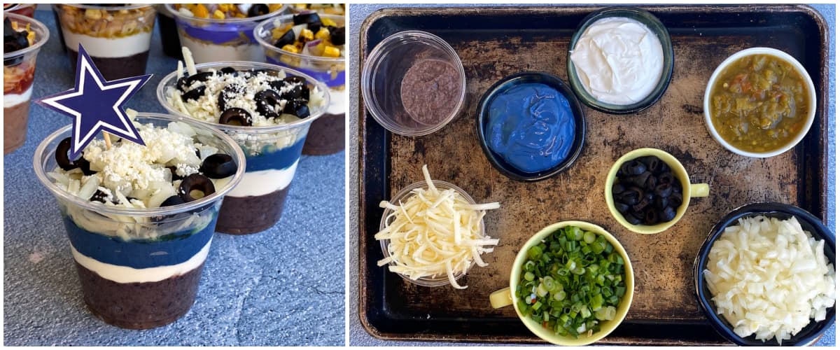 2-panel collage: Dallas Cowboys 7-Layer Dip; dip ingredients on tray before assembly.