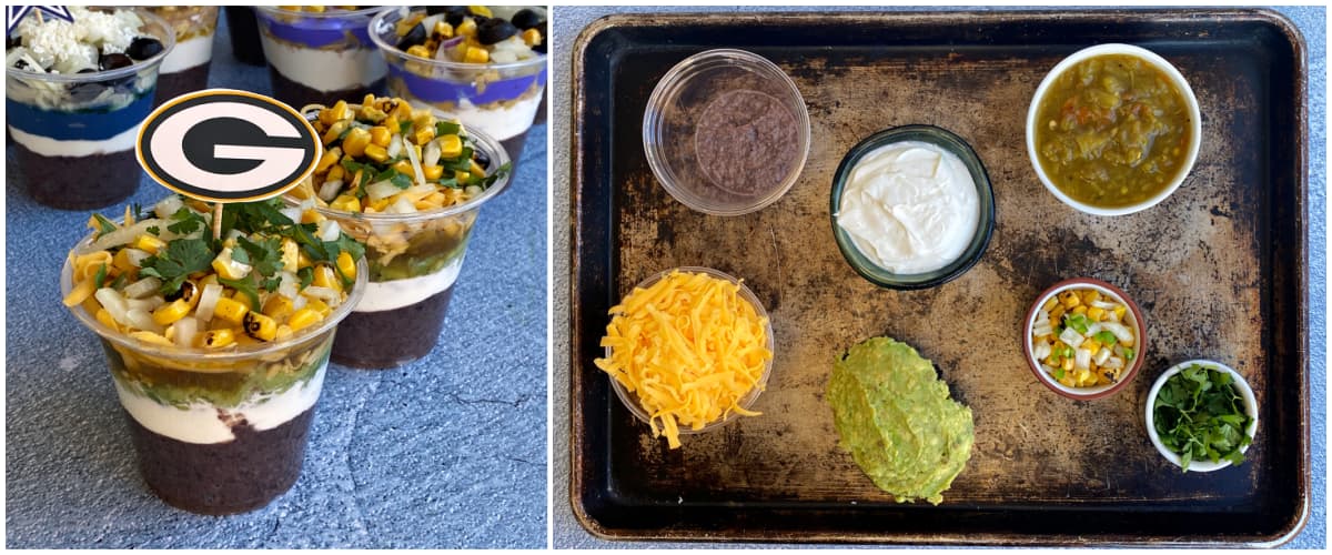 2-panel collage: Green Bay Packers 7-Layer Dip; dip ingredients on tray before assembly.
