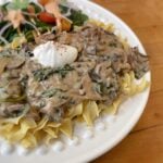 Mushroom stroganoff plated on large dinner plate, with salad in background.