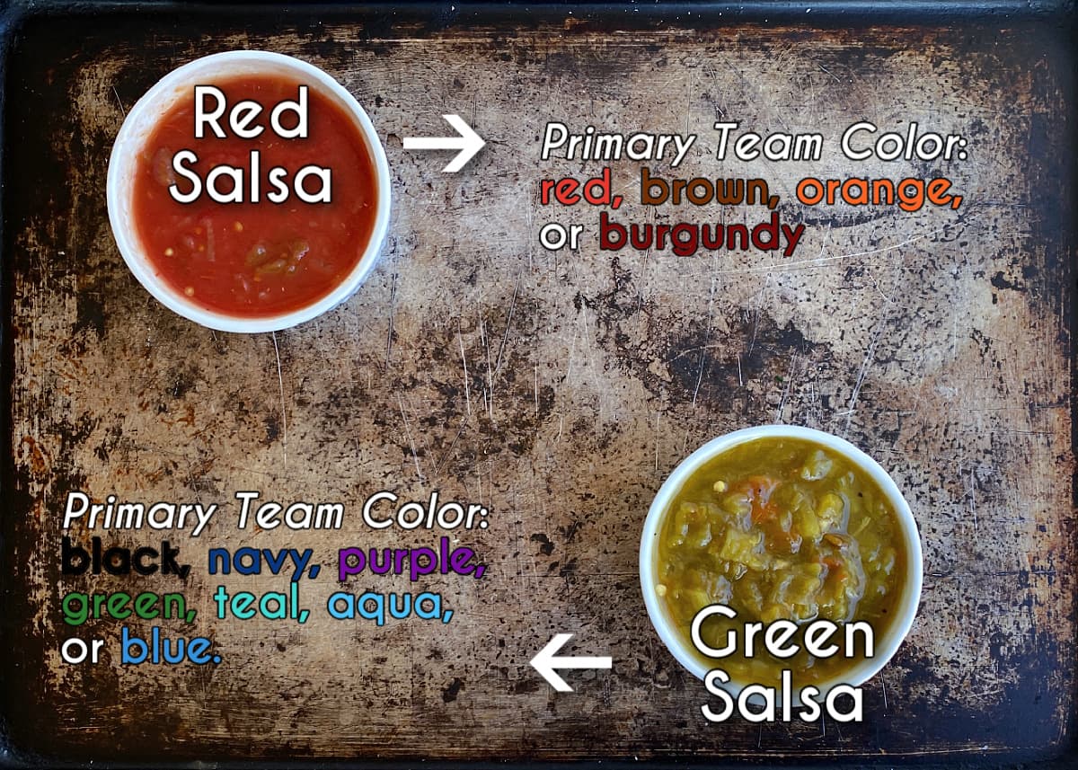 Red and Green salsa on tray, with text overlay.