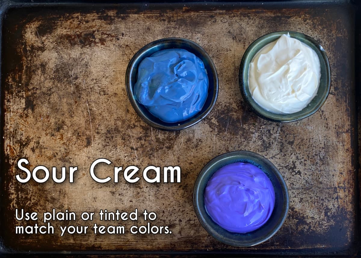 Three bowls of sour cream on a tray with text overlay.