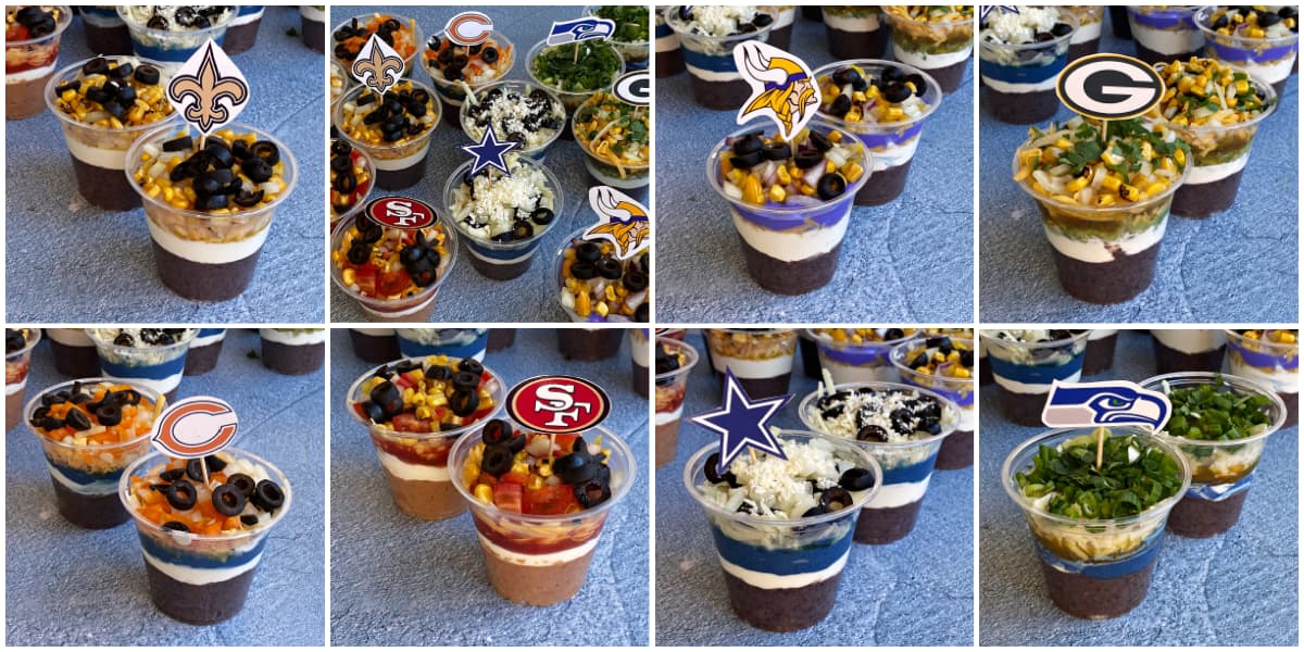 8-panel collage: 7 different bean dips using NFL team colors