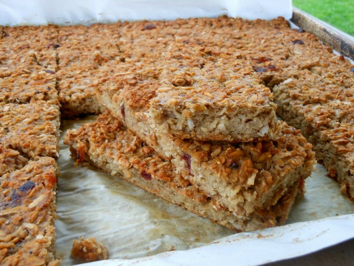 Breakfast bars baked and cut in baking pan. 