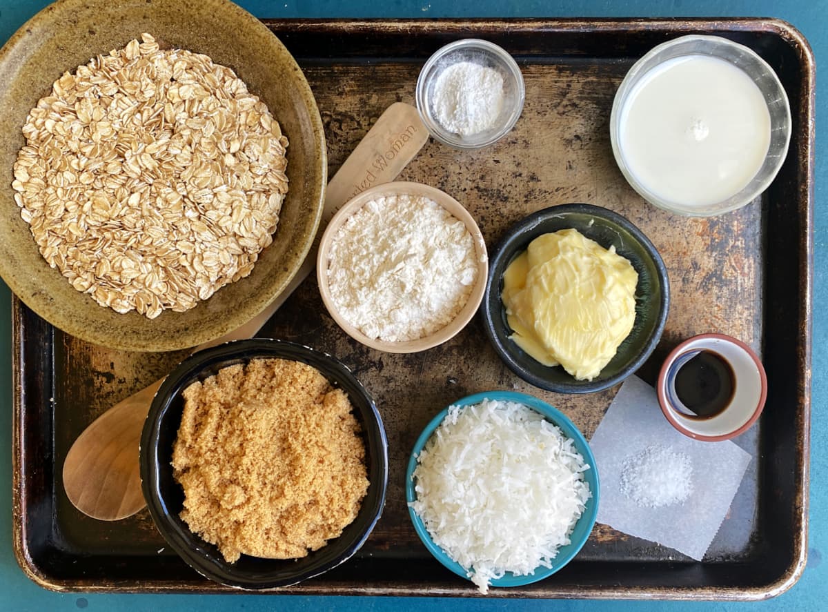 oatmeal cookie ingredients on tray.