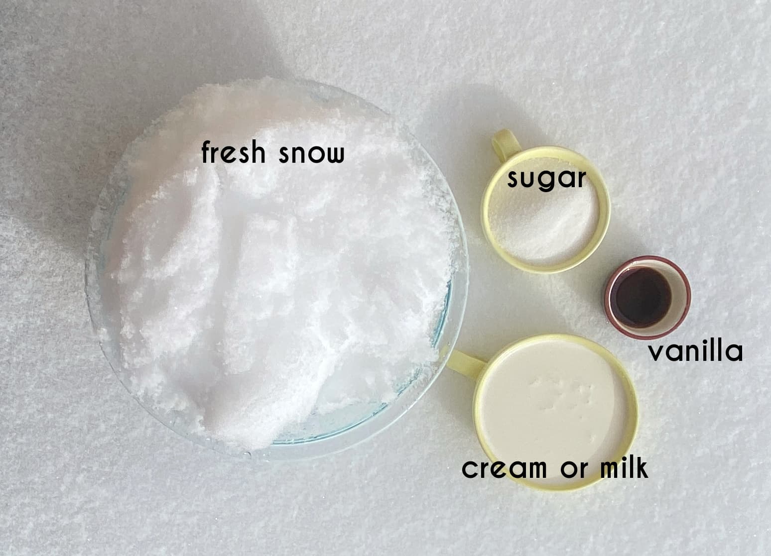 Snow ice cream ingredeints, labeled: fresh snow, cream, sugar, vanilla