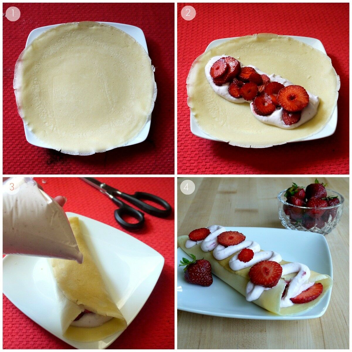 4-panel collage illustrating how to roll a crepe. Flat, fill, roll, garnish.