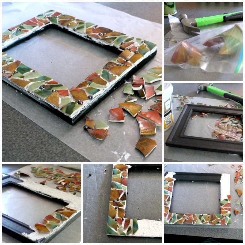 Collage illustrating steps for attaching mosaic pieces to picture frame.