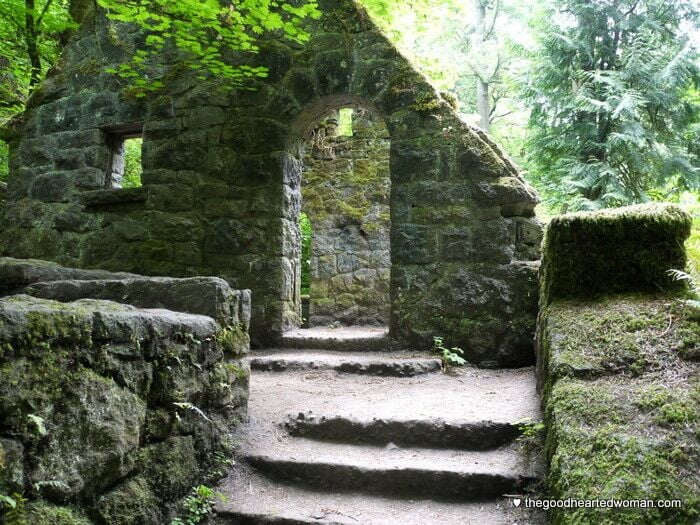 Exterior walls and stairways of stone building (probably WPA era) known as Witch's Castle, Forest Park, Portland, Oregon. 