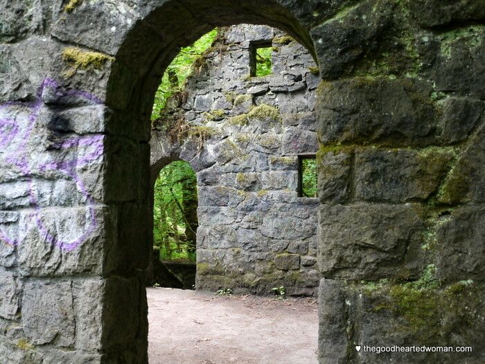 Curved doorways aligned, Witch's Castle, Forest Park, Portland. 