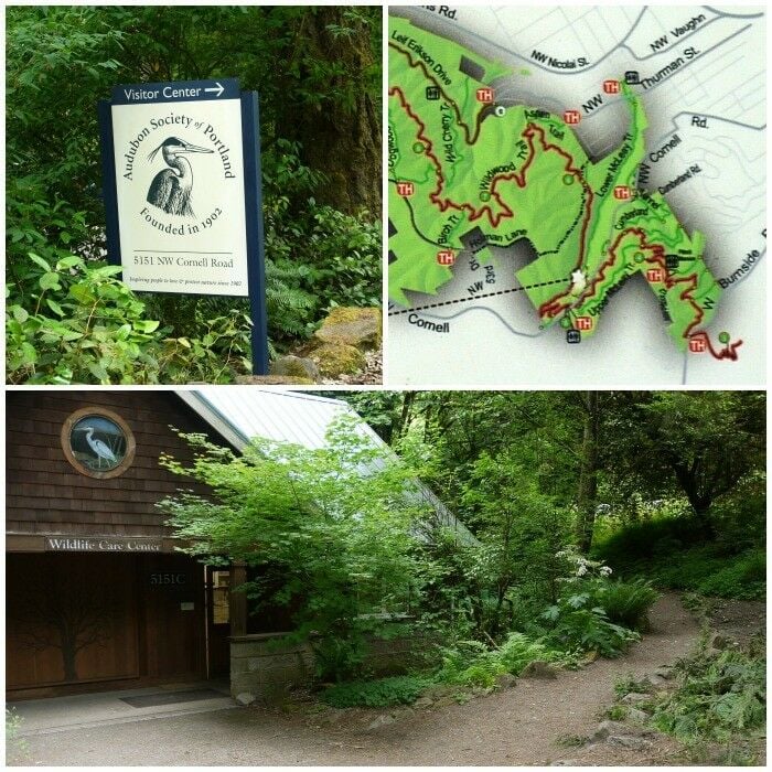 Signs to Witch's Castle trailhead, from the Portland Audubon Center. 