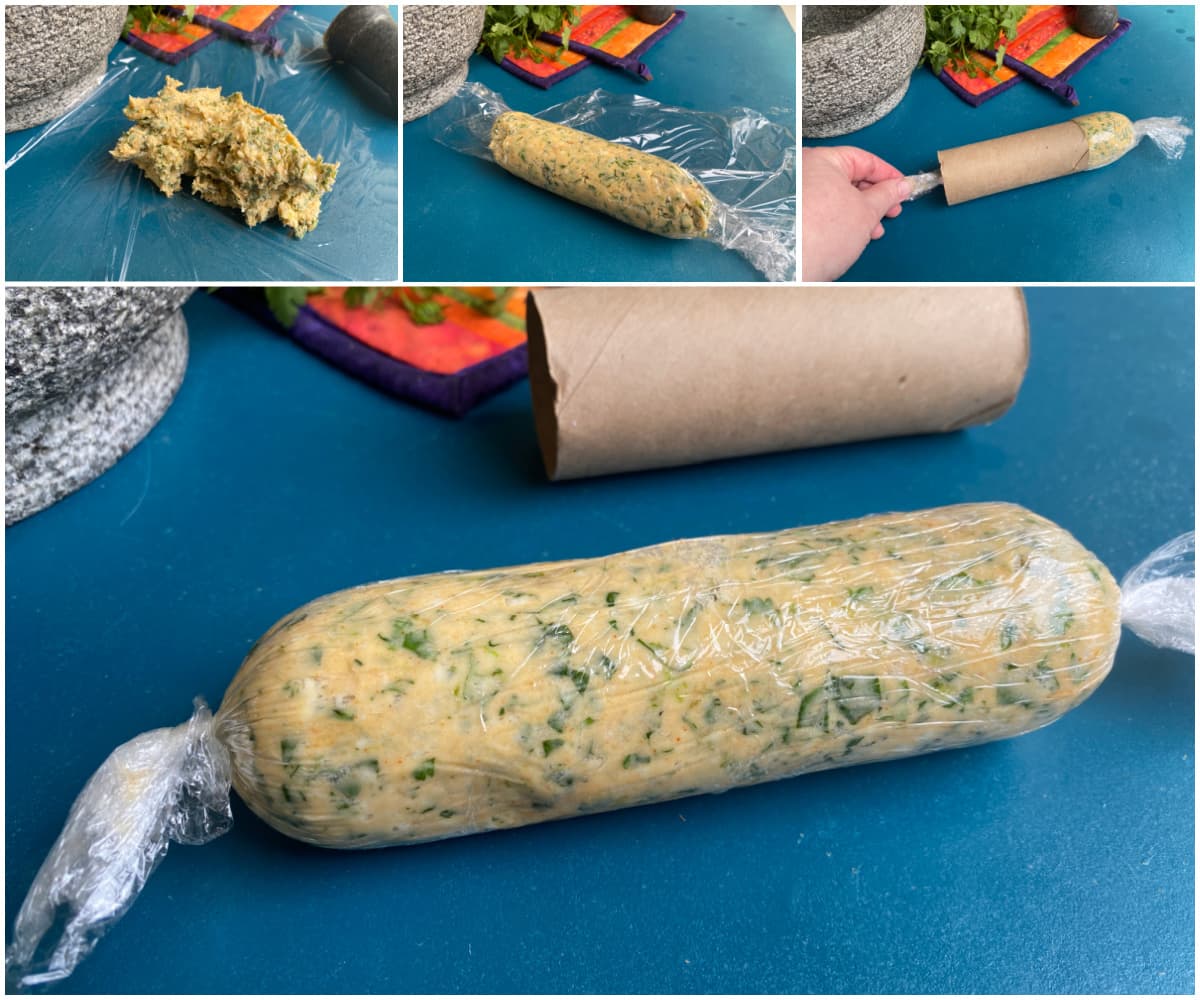 Collage illustrating how to wrap and store compound butter using plastic wrap and a cardboard toilet paper tube. 