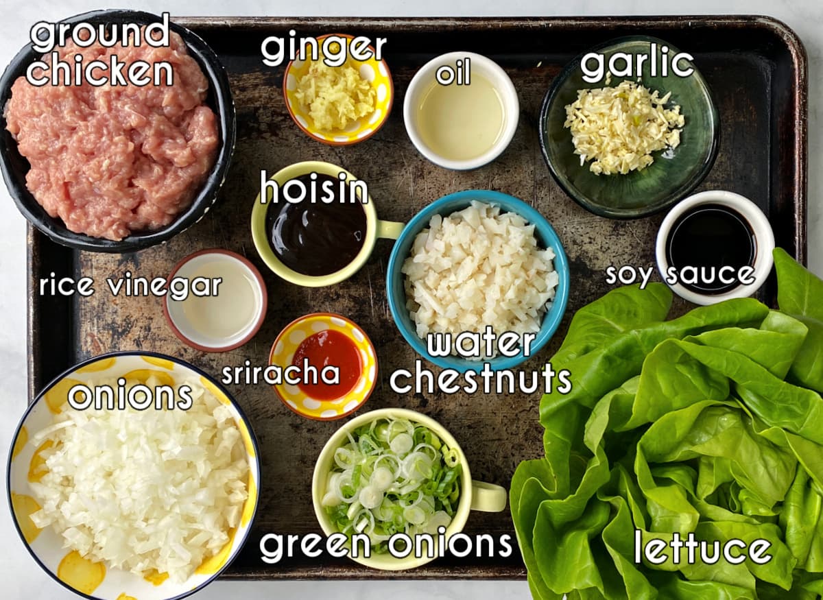 Lettuce wrap ingredients labeled on a tray: ground chicken, ginger, oil, garlic, rice wine vinegar, onions, sriracha, water chestnuts, lettuce, green onions, and soy sauce.