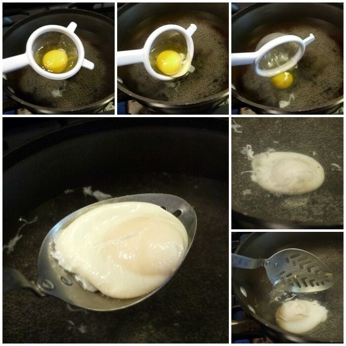 Collage of steps for poaching egg.