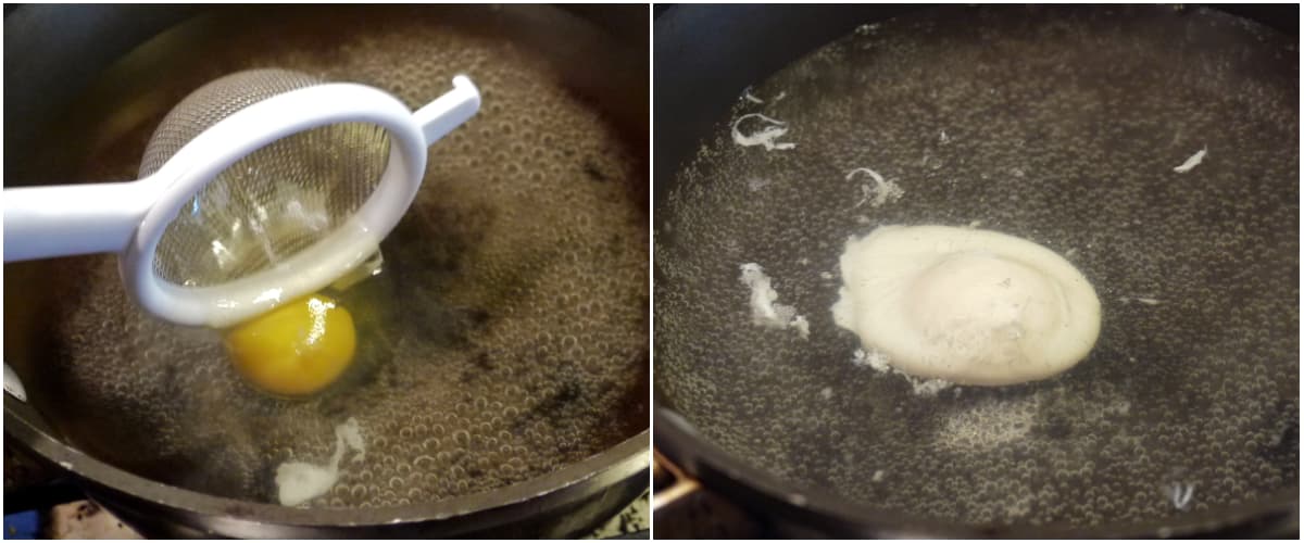 2-panel collage: (1) Sliding the egg into the water using a small strainer, (2) egg poaching in simmering water.