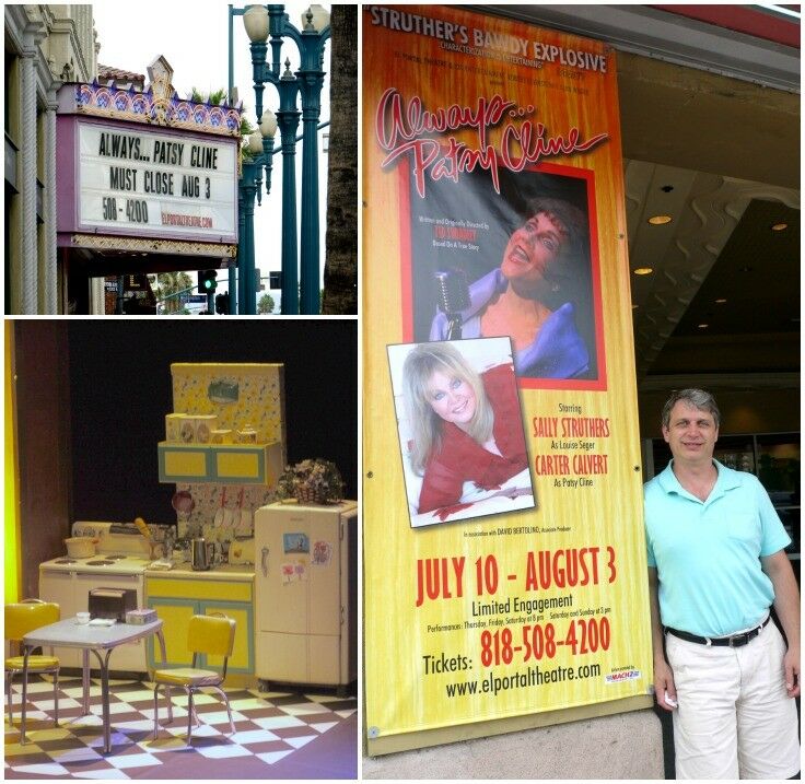 Collage: Marquis reading: "Always, Patsy Cline / Must close Aug 3" Interior of set before curtain / Mr B posing by Play poster outside theater. 