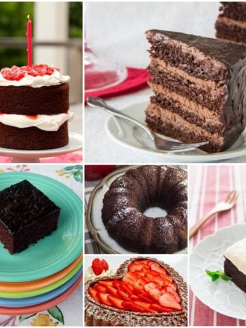 Collage of chocolate cakes; 6 panels.