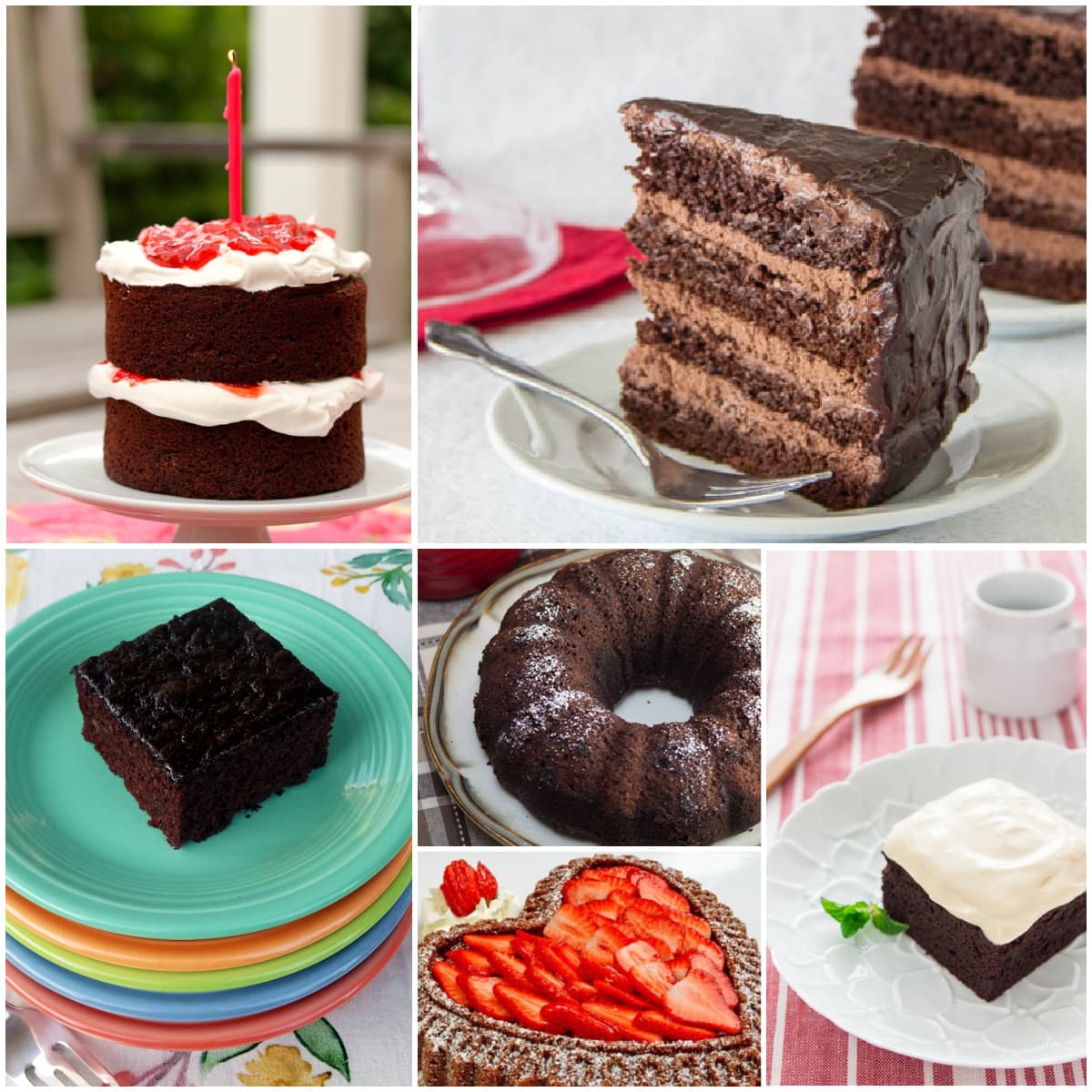 Collage of chocolate cakes; 6 panels. 
