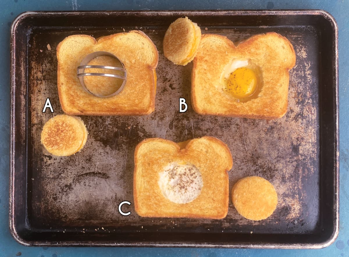 Process shots (A) Cutting hole from sandwich (B) Half-fried egg in the middle (C) Cooked egg int he middle.