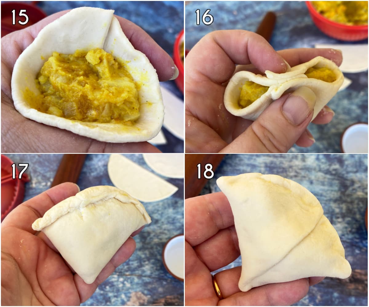 4 images illustrating how to fill the samosa cone.