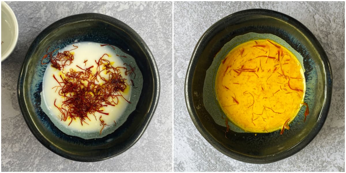 2-panel collage of saffron milk bloom.