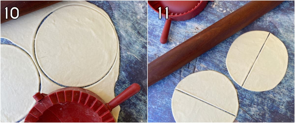 rolling out dough and cutting half-circles.