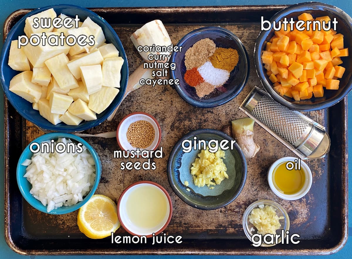 Samosa ingredients: sweet potatoes, butternut, oil, onion, garlic, ginger, mustard seeds, lemon juice, and spices.