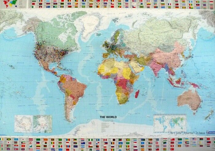 World map with pins stuck in various places.