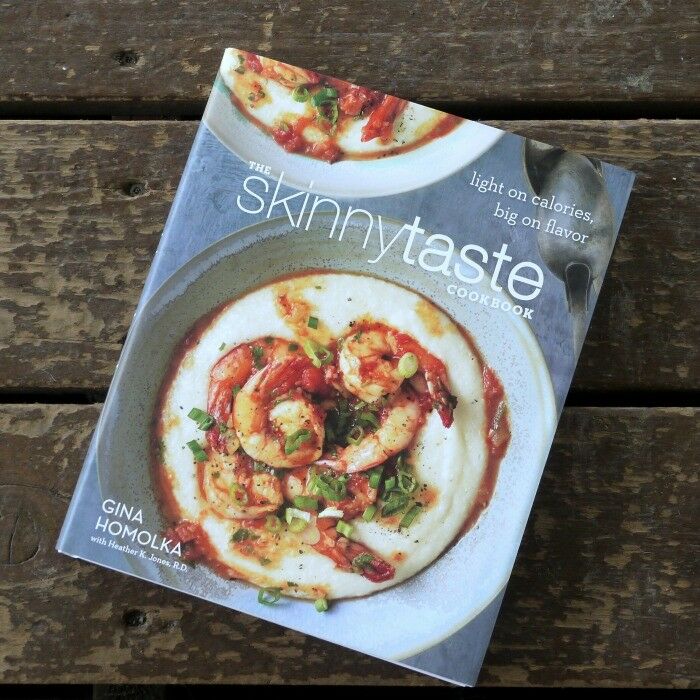 Front cover of The Skinny Taste Cookbook, featuring a picture of shrimp and grits. 