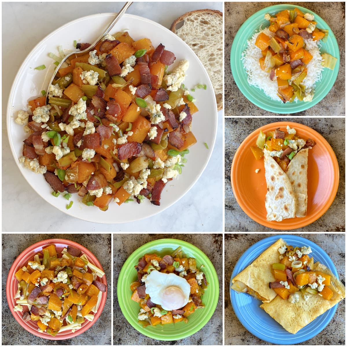 Collage: one large image of a plate of butternut squash, bacon, blue cheese, and leeks, plus smaller images, each showing a different serving option: butternut over rice, in a tortilla, in an omelet, topped with a poached egg, and over pasta.