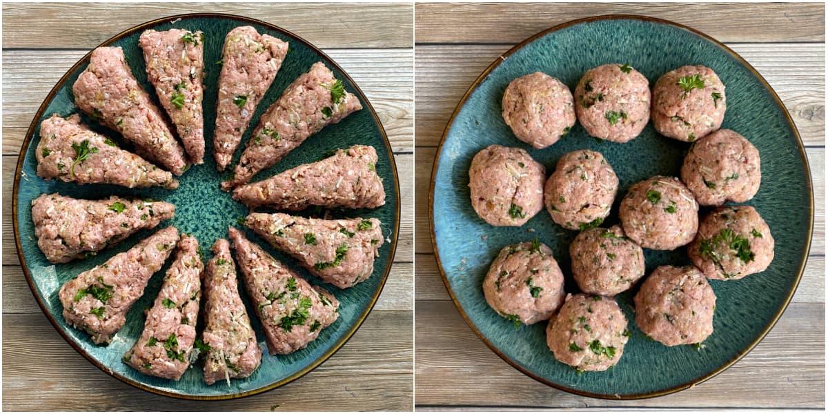 2-panel collage illustrating how to divide meat mixture into 12 portions, pizza-style.