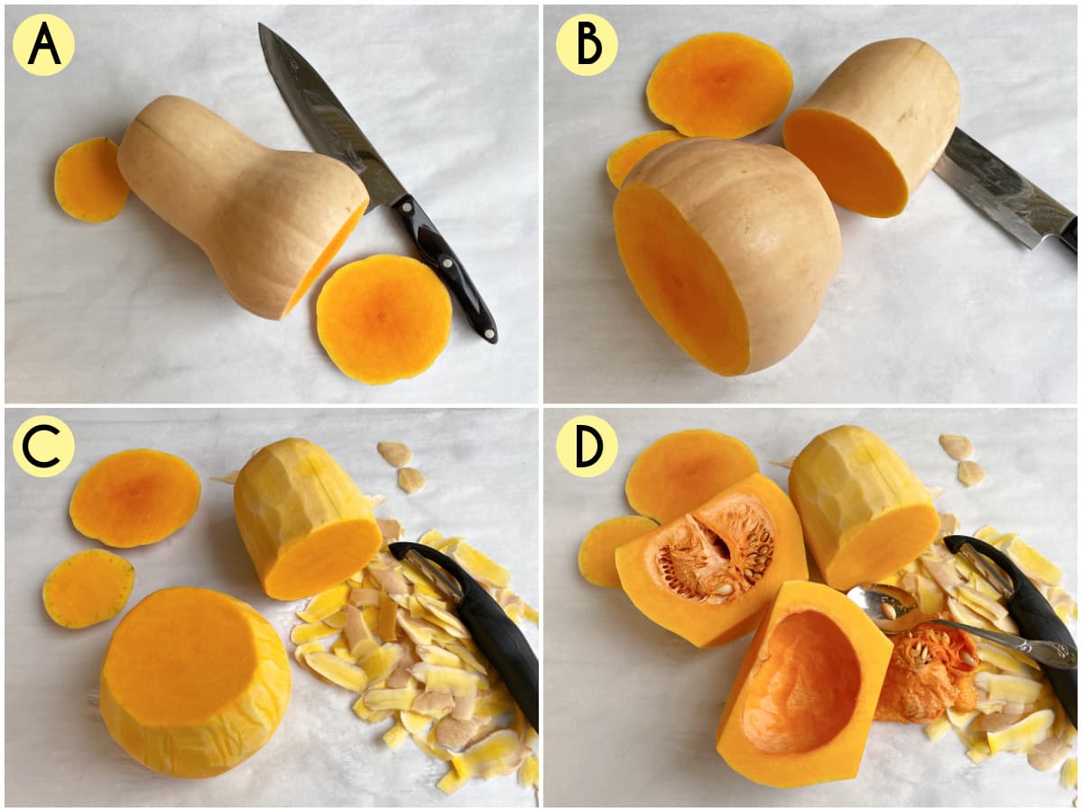 Collage illustrating how to cut a butternut squash.